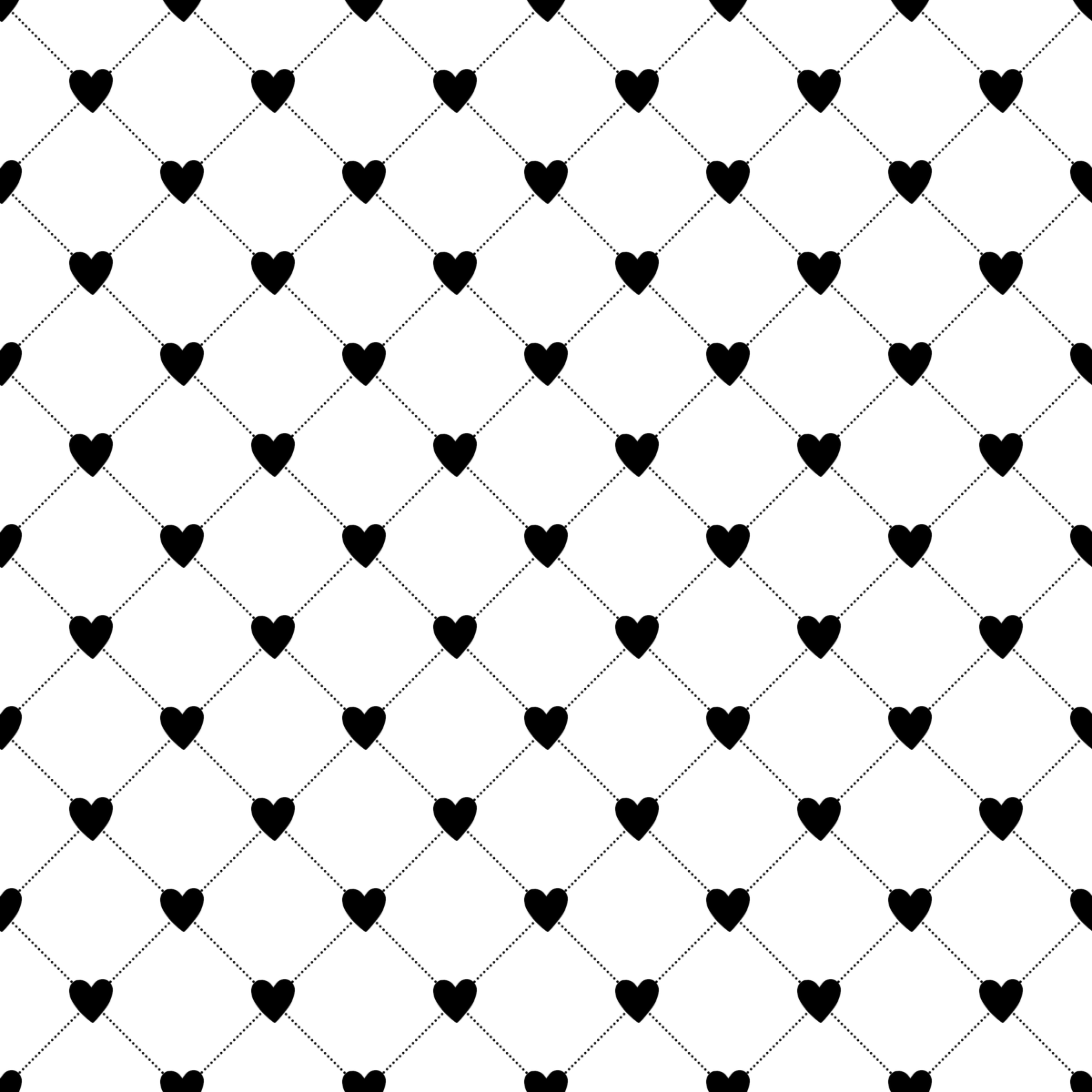Pattern of black hearts on a white background with intersecting lines.
