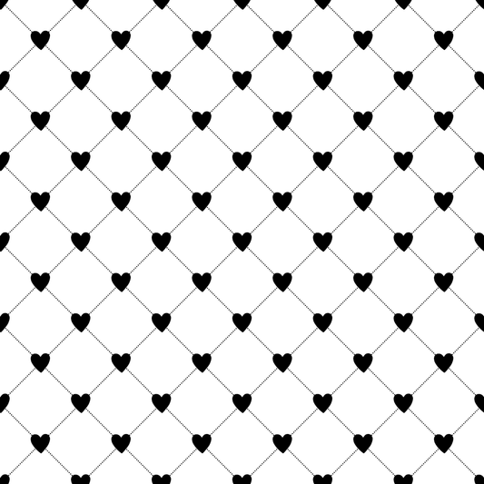Pattern of black hearts on a white background with intersecting lines.