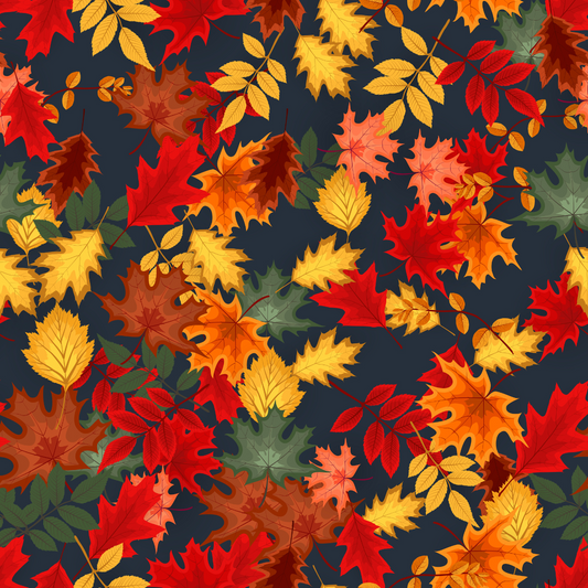 Pattern of colorful autumn leaves on a dark blue background