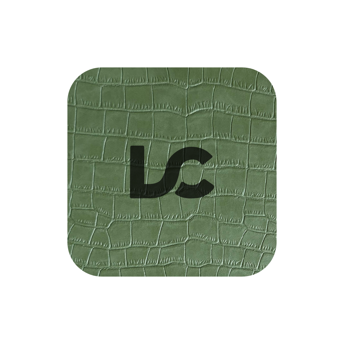 A crocodile-embossed green leather that engraves black