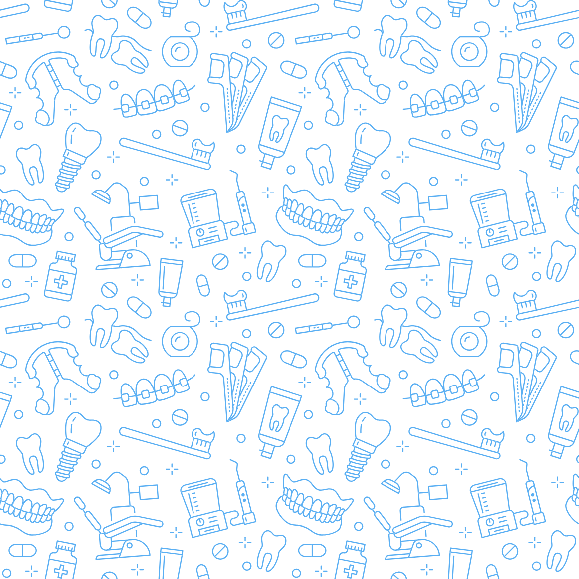 Repeating pattern of dental tools and equipment on a white background