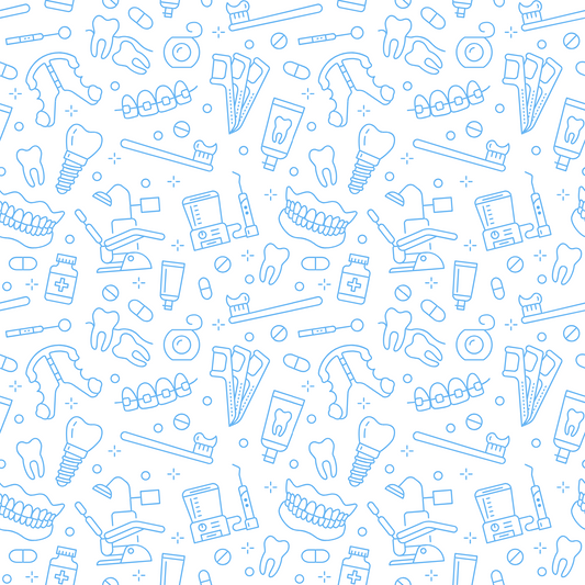 Repeating pattern of dental tools and equipment on a white background
