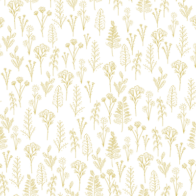 A printed sheet of acrylic featuring a botanical pattern with various plants and flowers in gold colour on a white background.