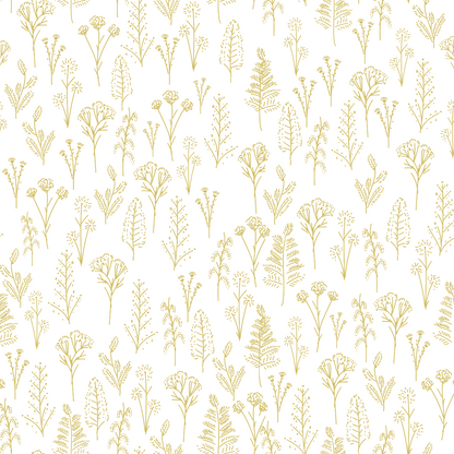 A printed sheet of acrylic featuring a botanical pattern with various plants and flowers in gold colour on a white background.