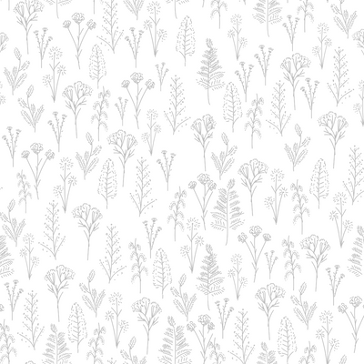 A printed sheet of acrylic featuring a botanical pattern with various plants and flowers in silver colour on a white background.