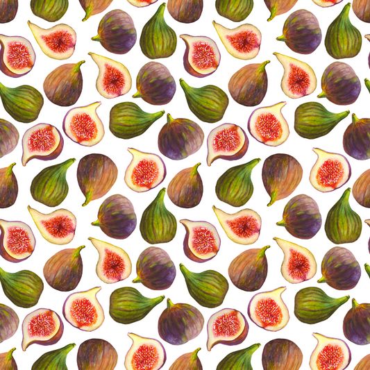 Pattern of sliced figs on a white background