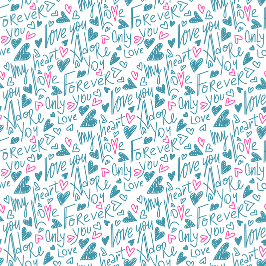 Pattern of love sentiments and heart shapes in blue and pink