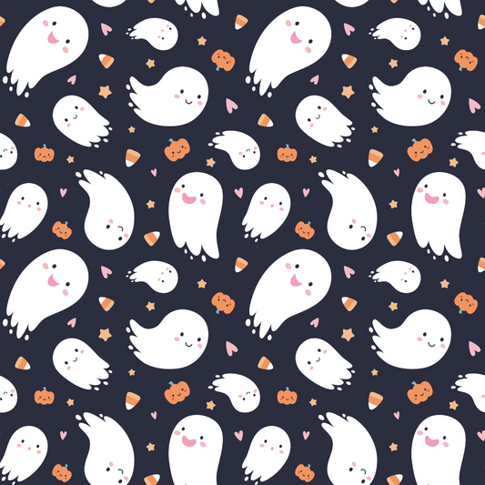 Pattern of cute white ghosts and small pumpkins on a dark blue background