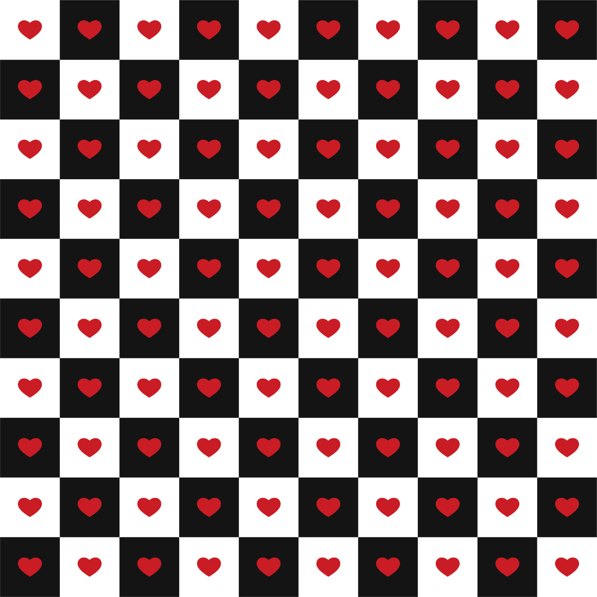 Checkered pattern with red hearts on a black and white background