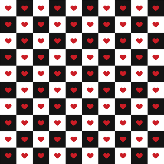 Checkered pattern with red hearts on a black and white background
