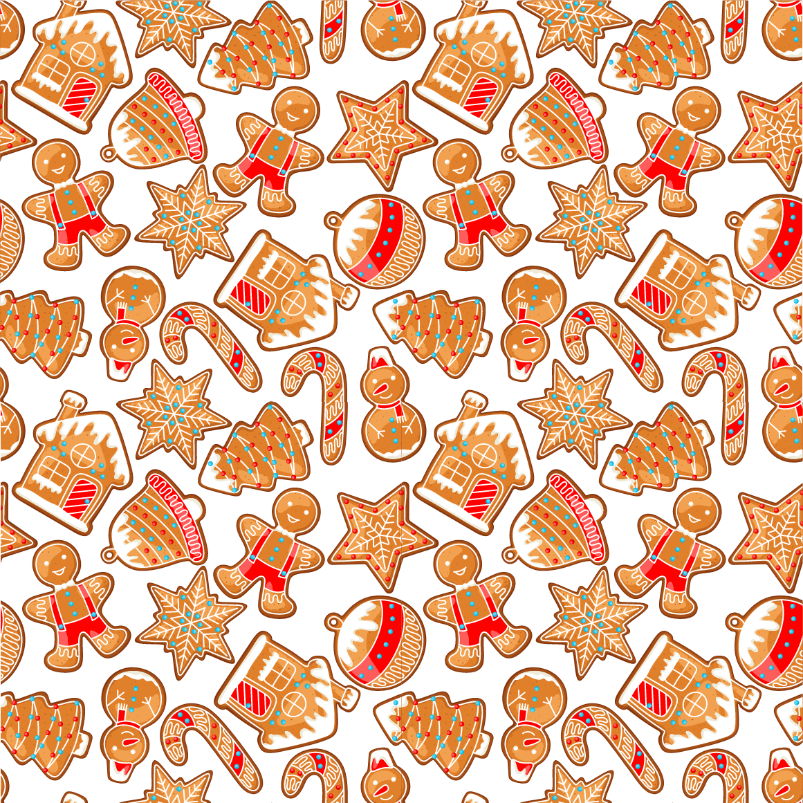 A pattern with various gingerbread-themed designs, including cookies, stars, and snowflakes.