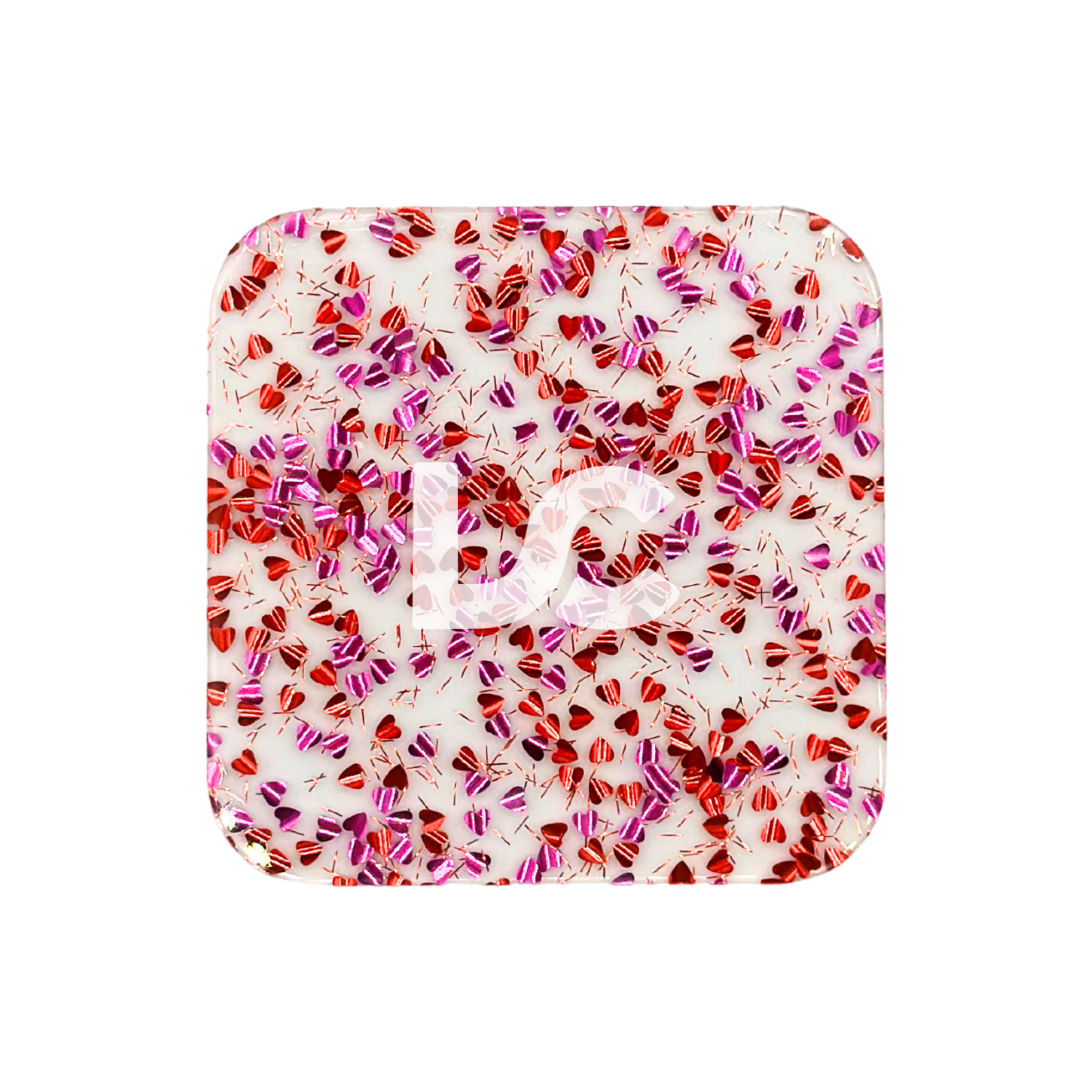 Clear acrylic with red and pink hearts confetti and tinsel