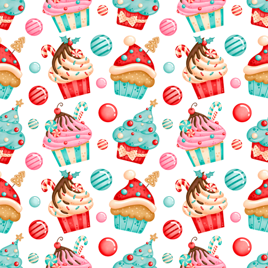 Pattern of colorful Christmas-themed cupcakes and candies on a white background