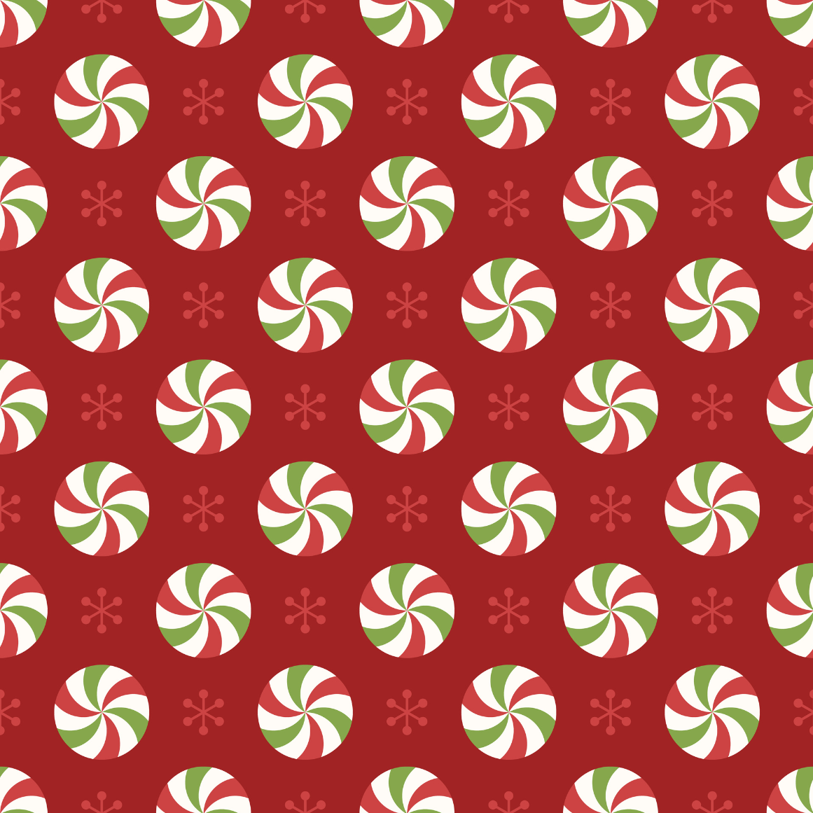 Pattern of red, green, and white peppermint candies on a red background