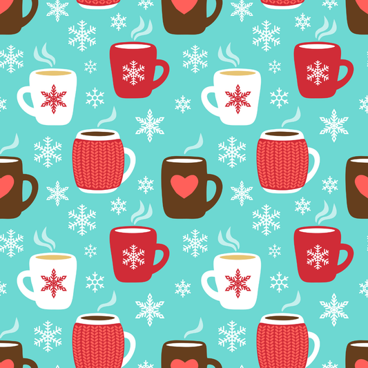 Pattern of colorful mugs and snowflakes on a turquoise background