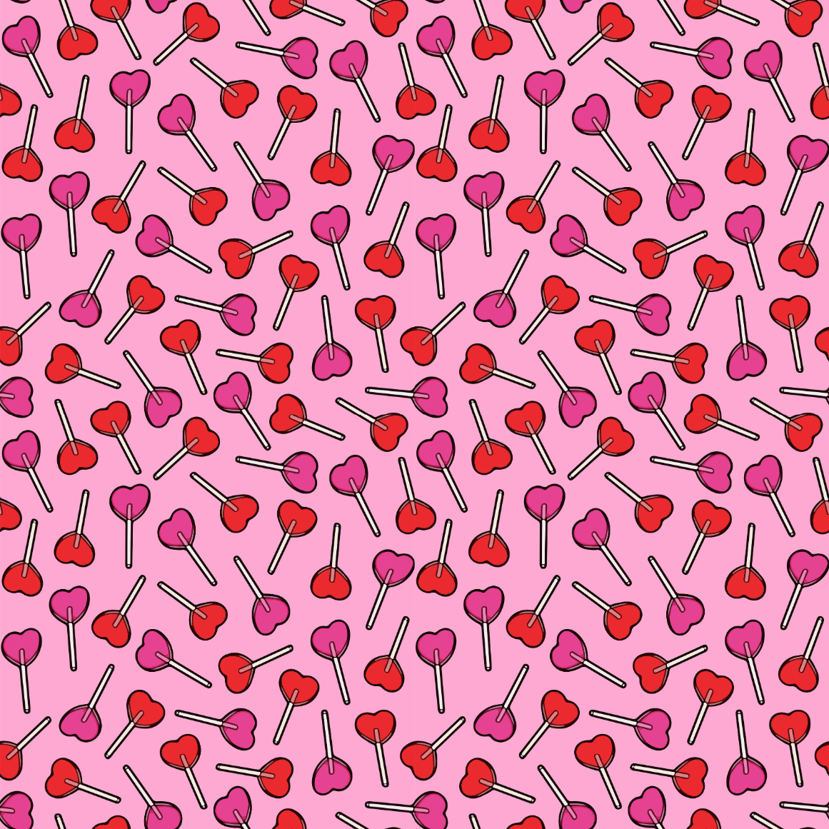 Red and pink heart-shaped lollipops on a pink background