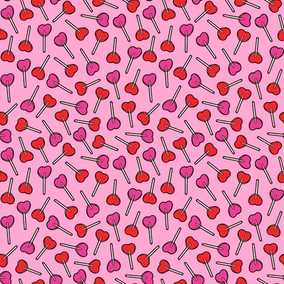 Red and pink heart-shaped lollipops on a pink background