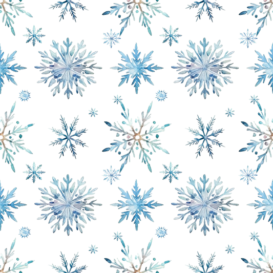 Pattern of blue snowflakes on a white background