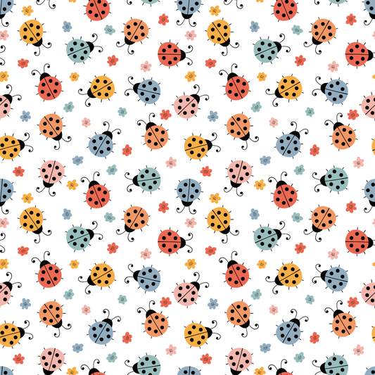 Pattern of colorful ladybugs and flowers on a white background