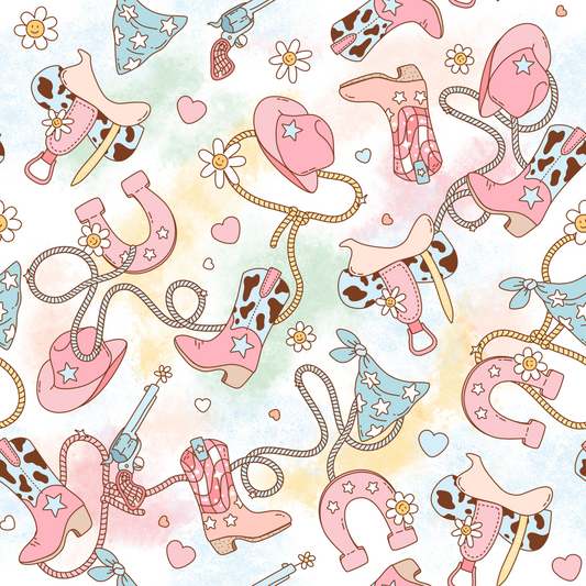 Colourful pattern of cowgirl hats, boots, and lassos on a light background