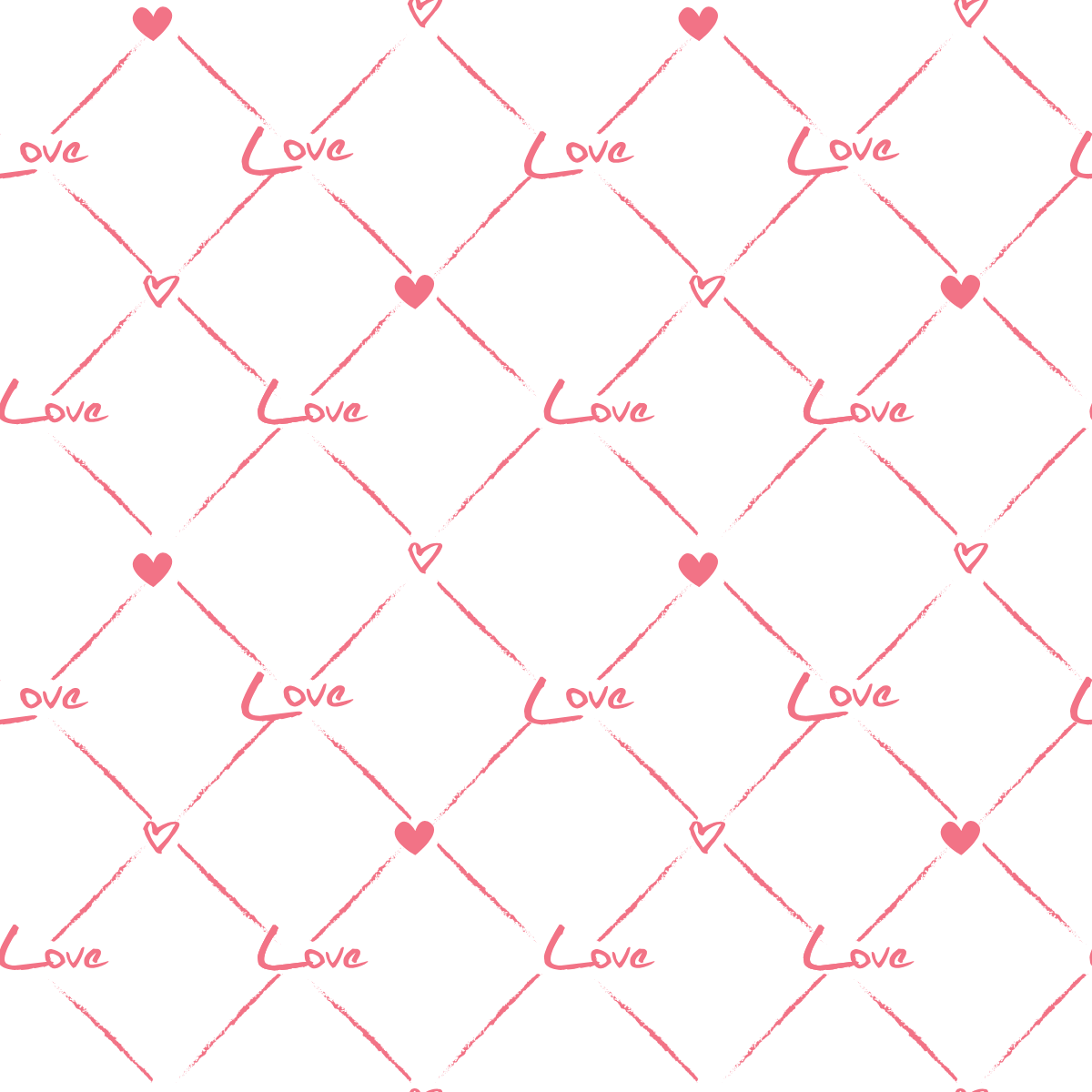 Pattern of 'love' text and hearts on a white background