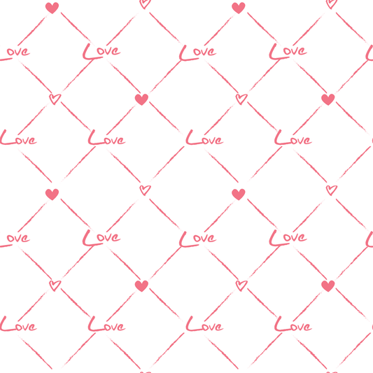 Pattern of 'love' text and hearts on a white background