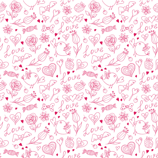 Pattern of hearts, flowers, and birds with 'love' text on a white background
