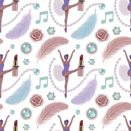 Pattern with dancers, feathers, roses, and lipsticks on a white background