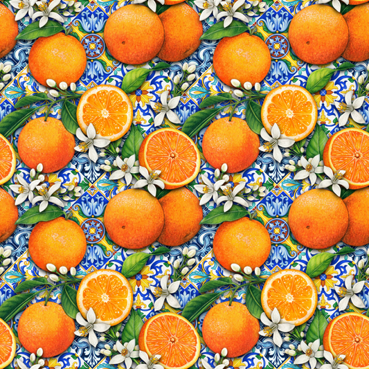 Pattern of oranges, leaves, and flowers on a colorful tile background