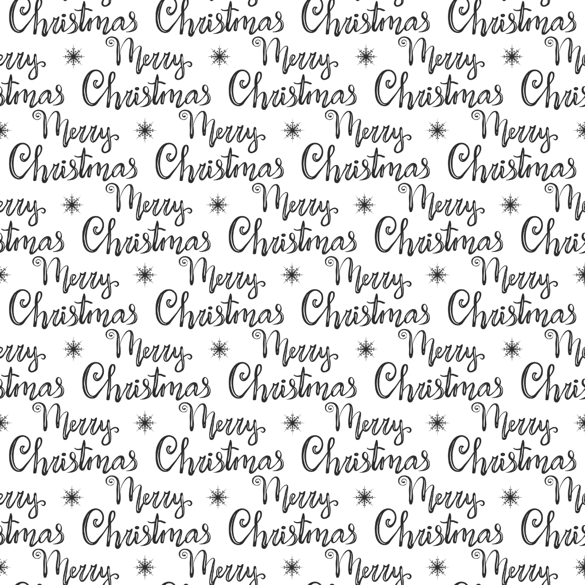 Repeating pattern of 'Merry Christmas' text with snowflakes on a white background