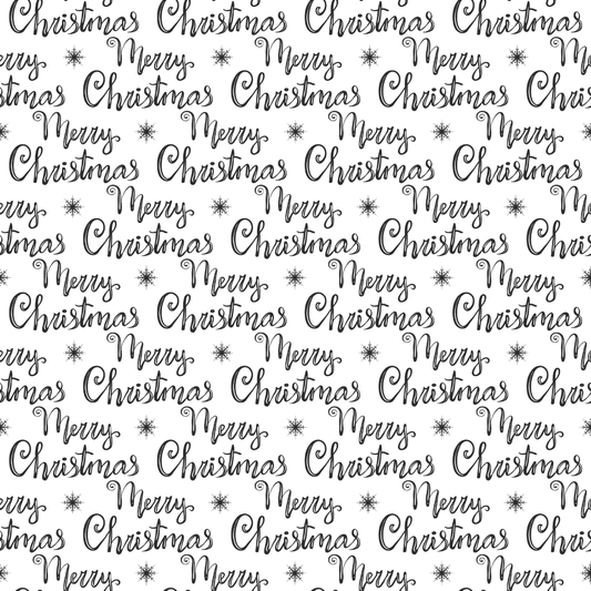 Repeating pattern of 'Merry Christmas' text with snowflakes on a white background