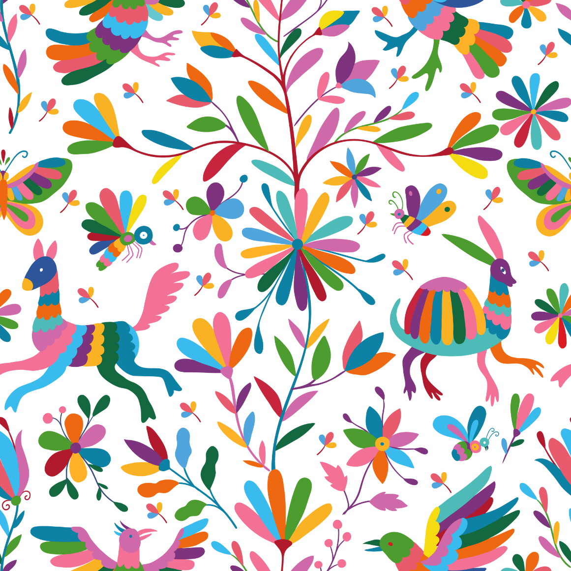 An Otomi pattern featuring floral designs and stylized animals.