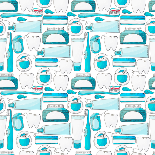 Pattern of dental hygiene items including toothbrushes, toothpaste, and teeth on a white background.