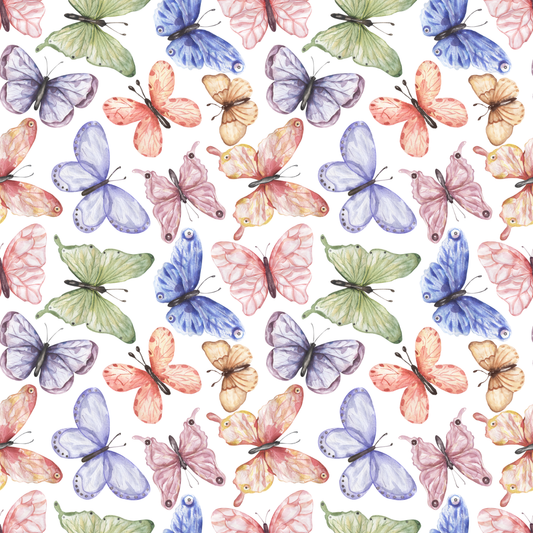 Pattern of colorful butterflies on a white background