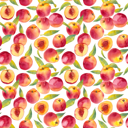 Pattern of watercolor peaches and leaves on a white background