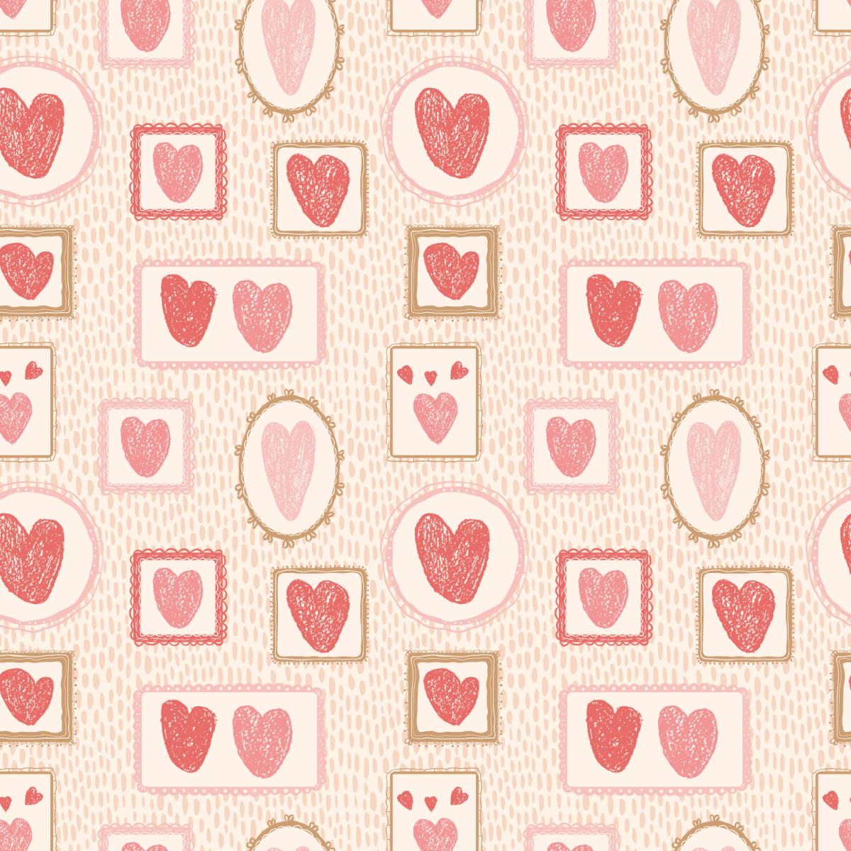 Pattern of framed pink hearts in various shapes and sizes on a beige background
