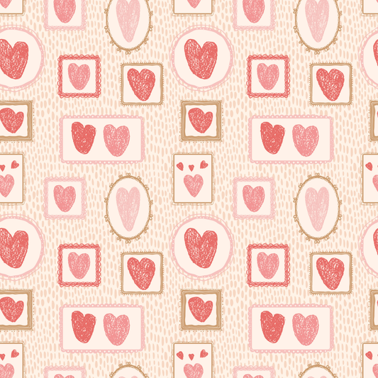 Pattern of framed pink hearts in various shapes and sizes on a beige background