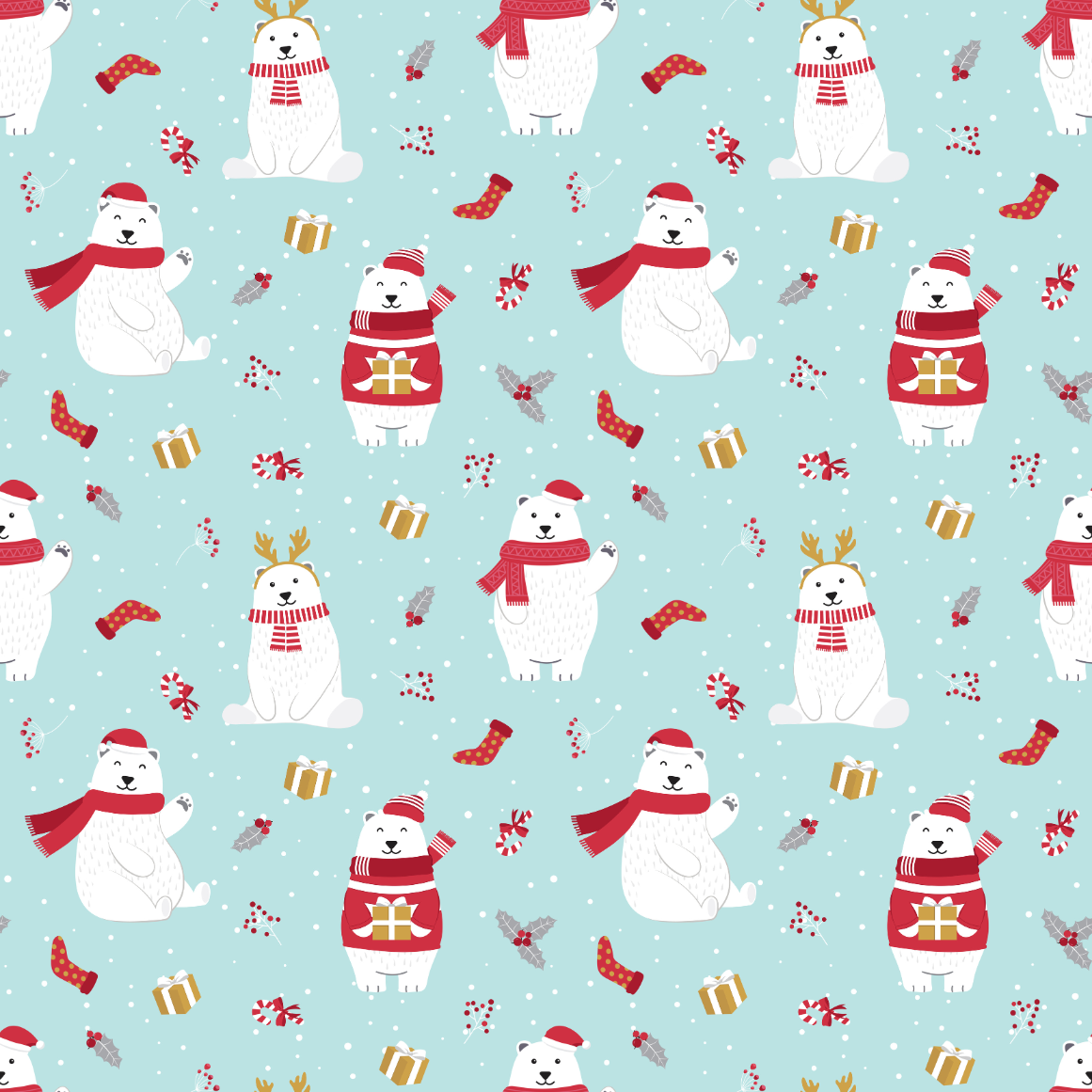 Pattern of polar bears with scarves and Christmas items on a light blue background