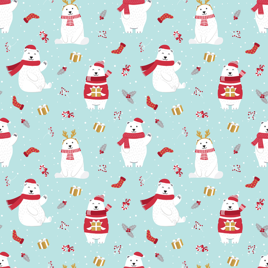 Pattern of polar bears with scarves and Christmas items on a light blue background