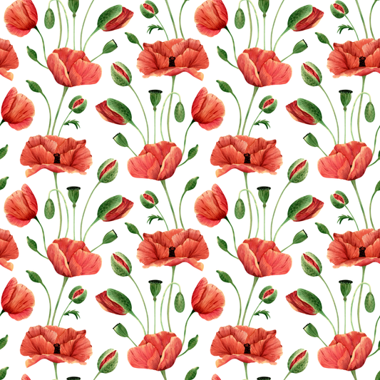 Pattern of red poppies with green leaves on a white background