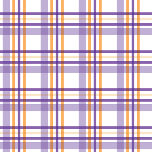 Plaid pattern with purple and orange lines on a white background