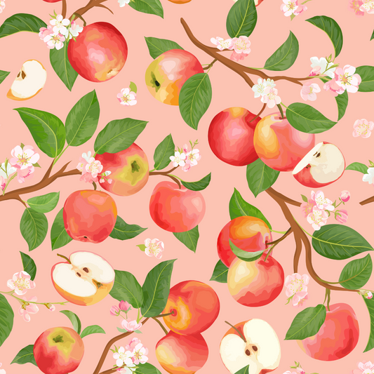 Pattern of apples, leaves, and flowers on a pink background