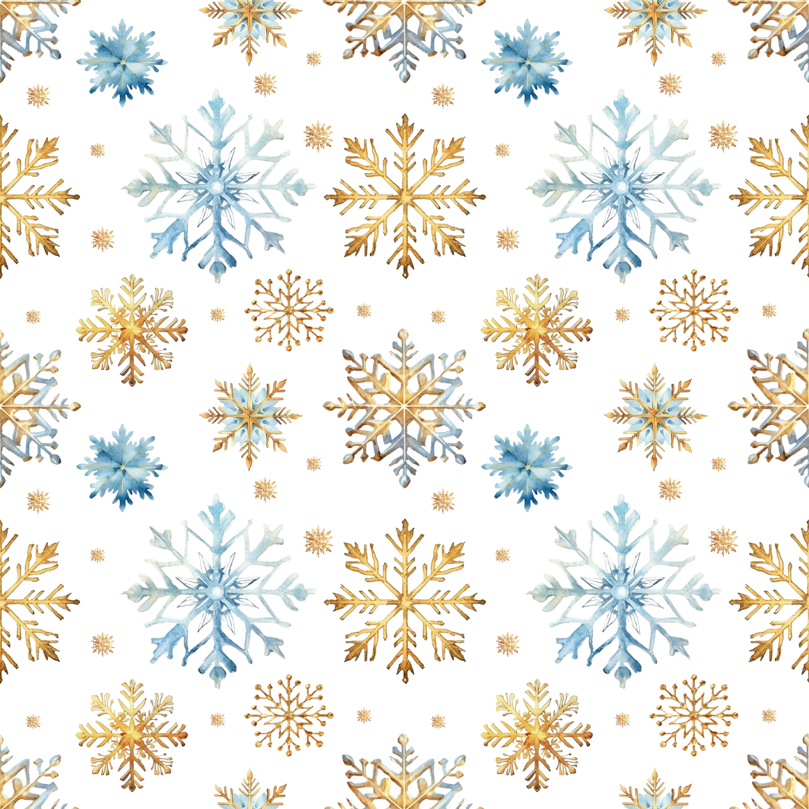 Pattern of blue and gold snowflakes on a white background