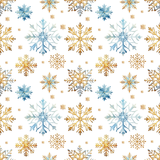 Pattern of blue and gold snowflakes on a white background