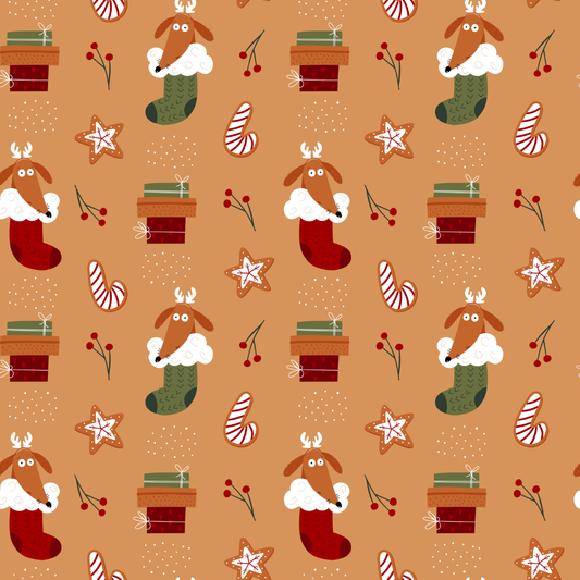 Pattern of Christmas-themed illustrations including reindeer, stockings, and presents on a brown background.
