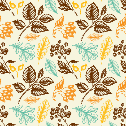 Pattern of leaves and branches in brown, orange, and green on a beige background