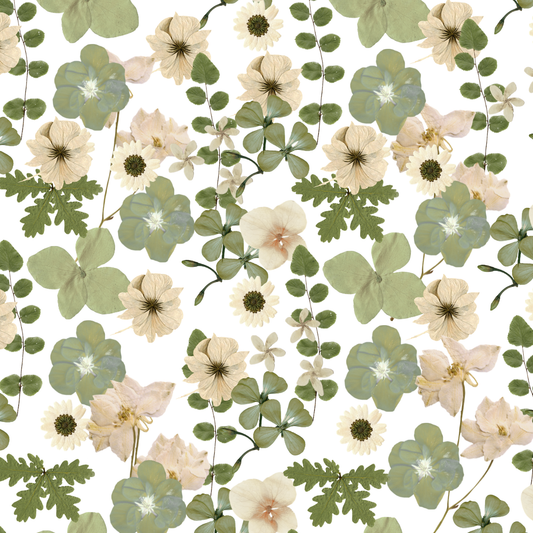 Pattern of green and beige flowers and leaves on a white background