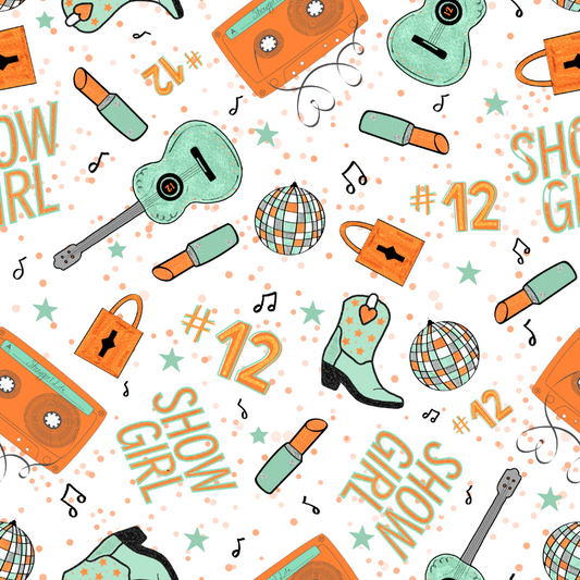 Pattern with guitars, lipsticks, cowgirl boots, and 'Show Girl' text on a white background.