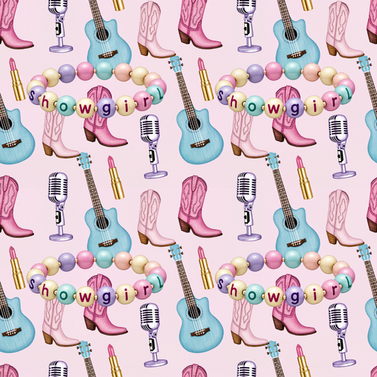 Pattern of cowgirl boots, guitars, microphones, and 'showgirl' text bracelet on a pink background.