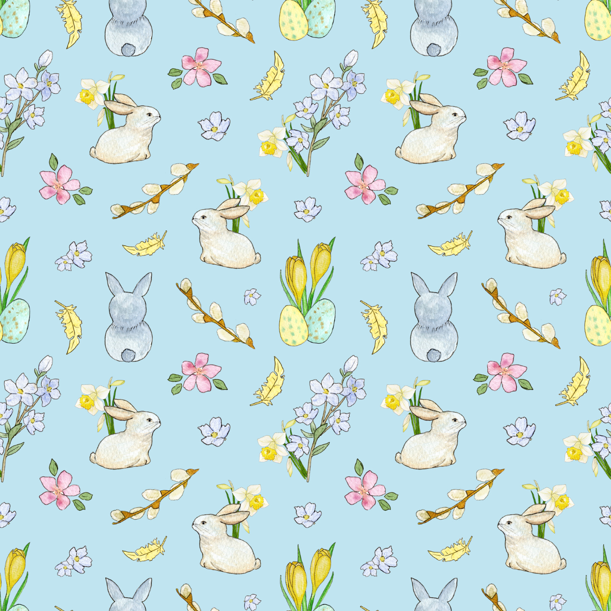 Pattern of Easter bunnies, eggs, and flowers on a blue background
